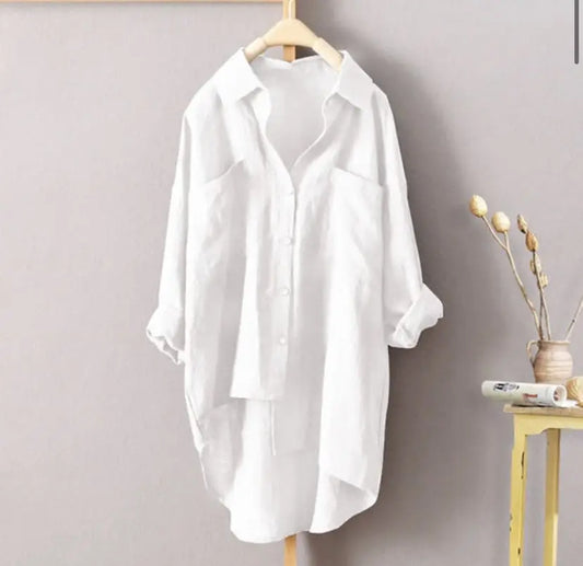 S-5XL Button Up Shirts Women Oversized Summer Autumn Cotton Linen Blouses Fashion White Casual Loose Solid Rollable Sleeve Tops.