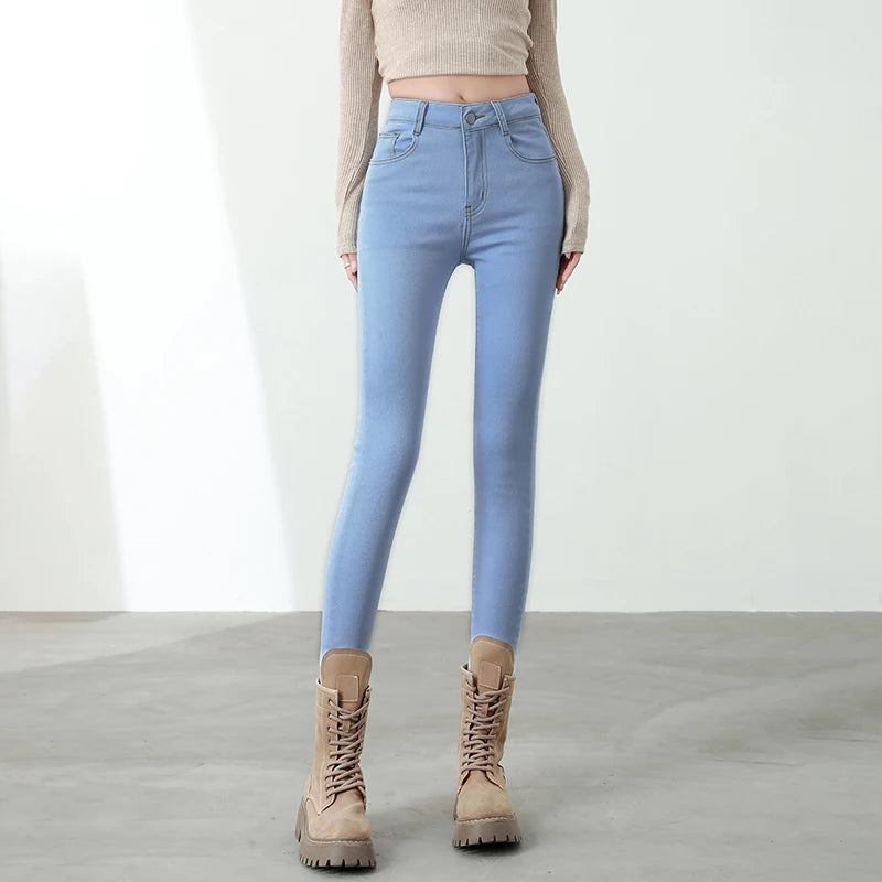 New Sexy Women Light Blue Slim Skinny Denim Jeans High Waist Elastic Mom Jeans Stretch Pencil Pants Streetwear Tight Trousers.