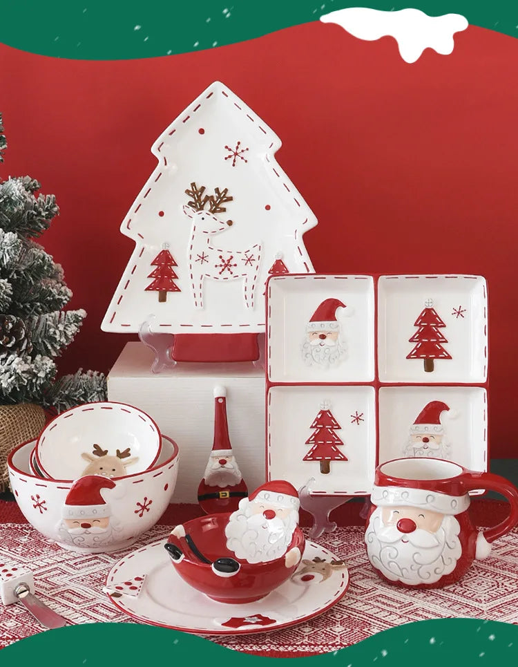 Nordic Stitching Santa Claus Dishes Plates Tableware Set Embossed Sealed Jar Seasoning Jar Western Ceramic Flat Plate Cup.