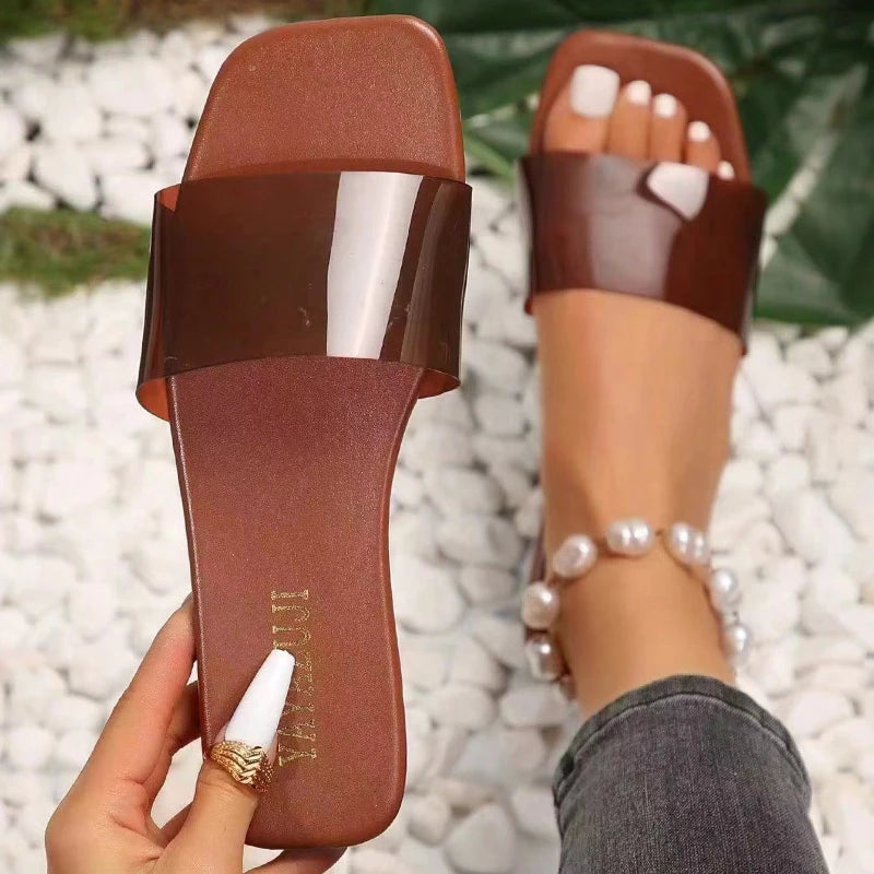 Women Fashion Sandals 2025 New Summer Flat Shoes Square Toe Slip-on Girls Indoor Street Slippers Plus Size Beach Slides.