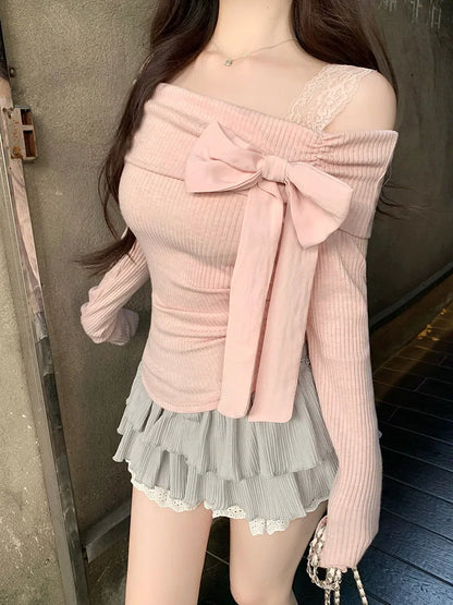 Morning Collar French Style One Shoulder Butterfly Knot Long Sleeve T-Shirt Women's Autumn Winter Slim Fit Inner Wear Top.