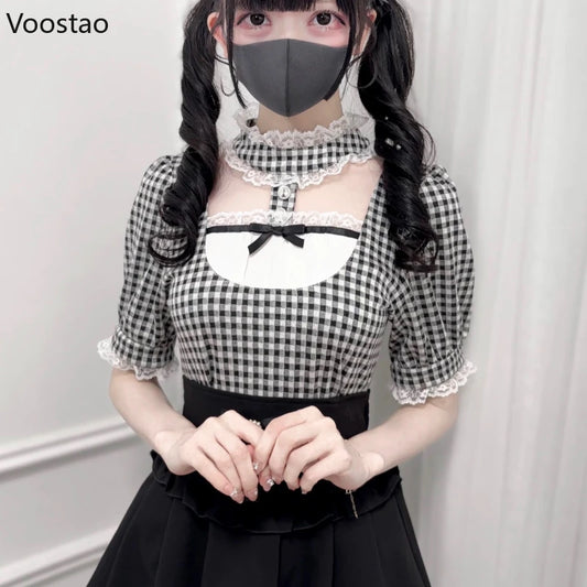 Japanese Gothic Lolita Style Shirts Women Vintage Sweet Y2k Lace Ruffles Short Sleeve Plaid Blouses Jirai Kei Girls Casual Tops.