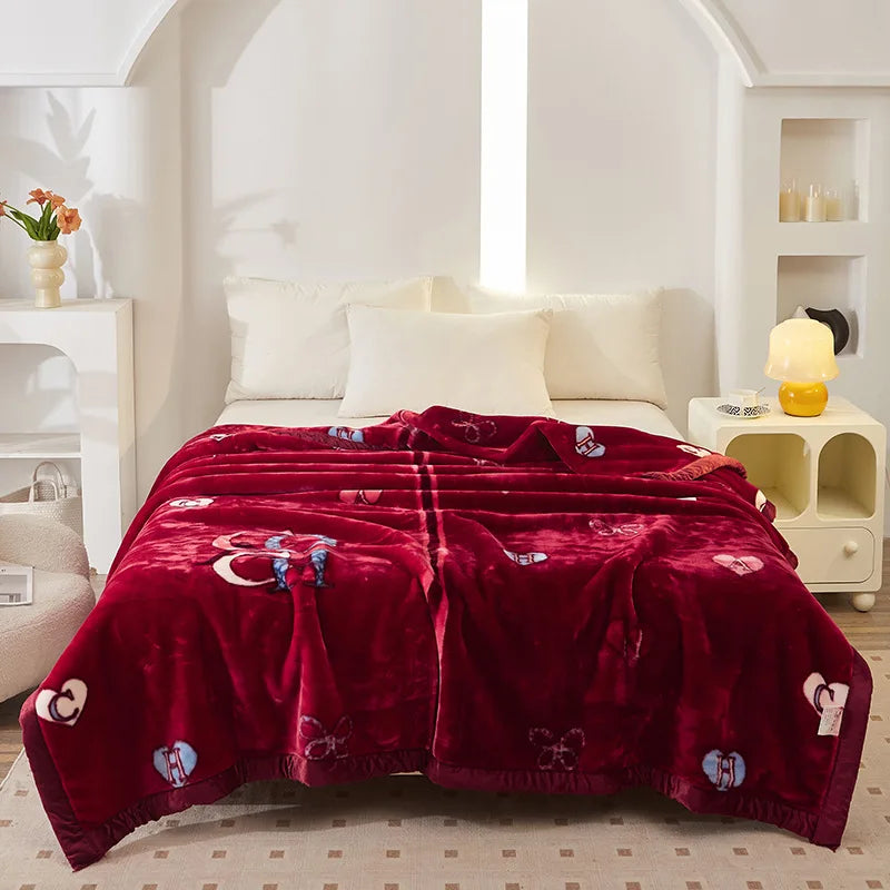 4.5kg Home Thicken Quilt Comforters Winter Warm Raschel Plush Blanket Print Throw Double Layer Fluffy Soft Quilt 200x230cm 이불 이불