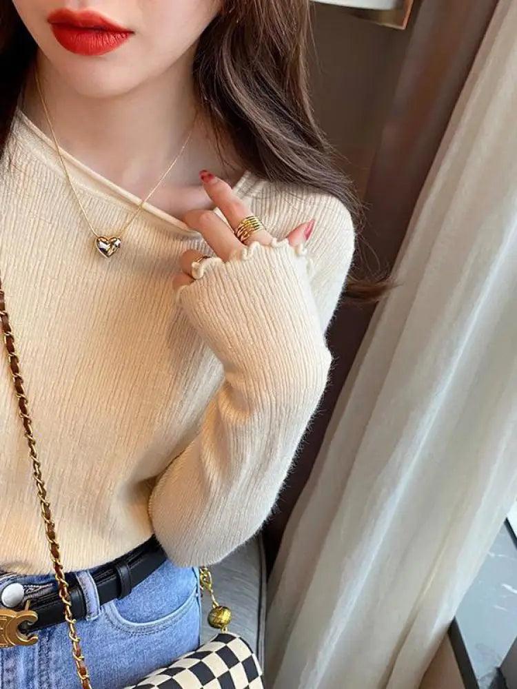 2025Oansatz Rippen Langarm Koreanische Dünne Weibliche Pullover Frauen Pullover Stricken Weiche Jumper Tops Geraffte Herbst Winter Tops