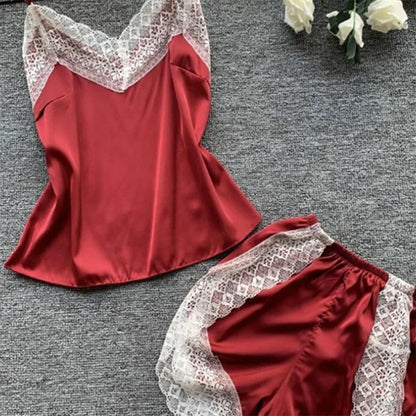 Sexy Spitze Spleißen Hosenträger lose Shorts zweiteiliges Pyjama-Set für Frauen.