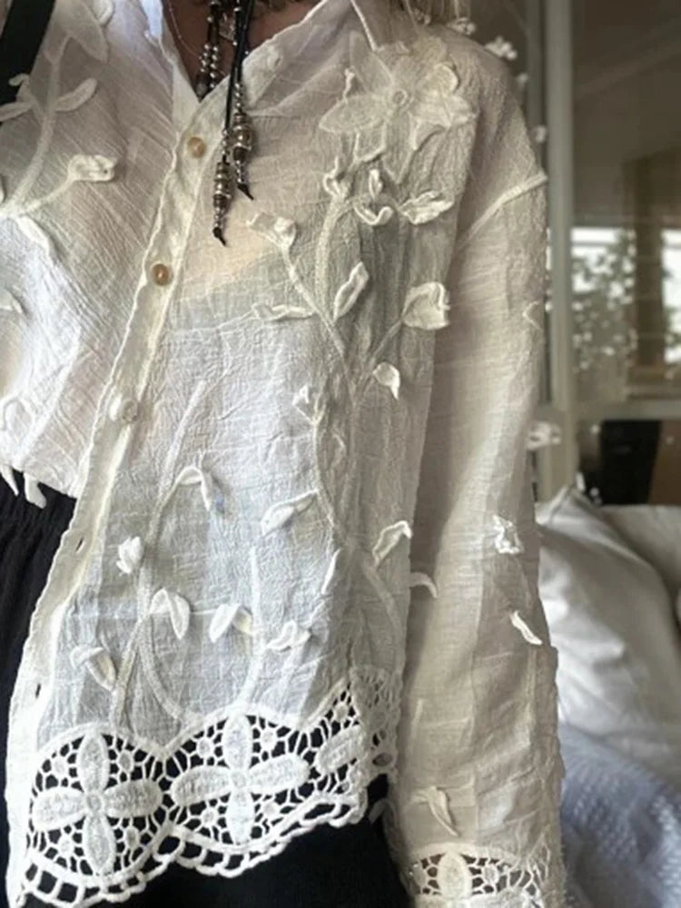 Casual Solid Color Long Sleeve Vacation Shirts Elegant Lapel Floral Hollow Out Blouse Fashion Women Single Breasted Commute Tops.