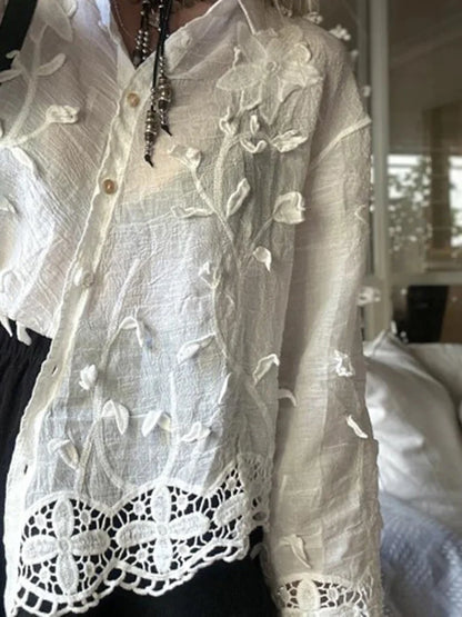 Casual Solid Color Long Sleeve Vacation Shirts Elegant Lapel Floral Hollow Out Blouse Fashion Women Single Breasted Commute Tops.