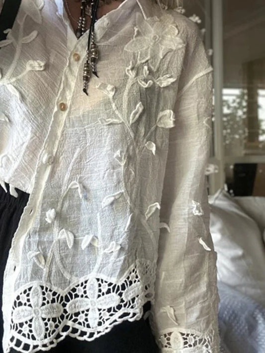 Casual Solid Color Long Sleeve Vacation Shirts Elegant Lapel Floral Hollow Out Blouse Fashion Women Single Breasted Commute Tops.