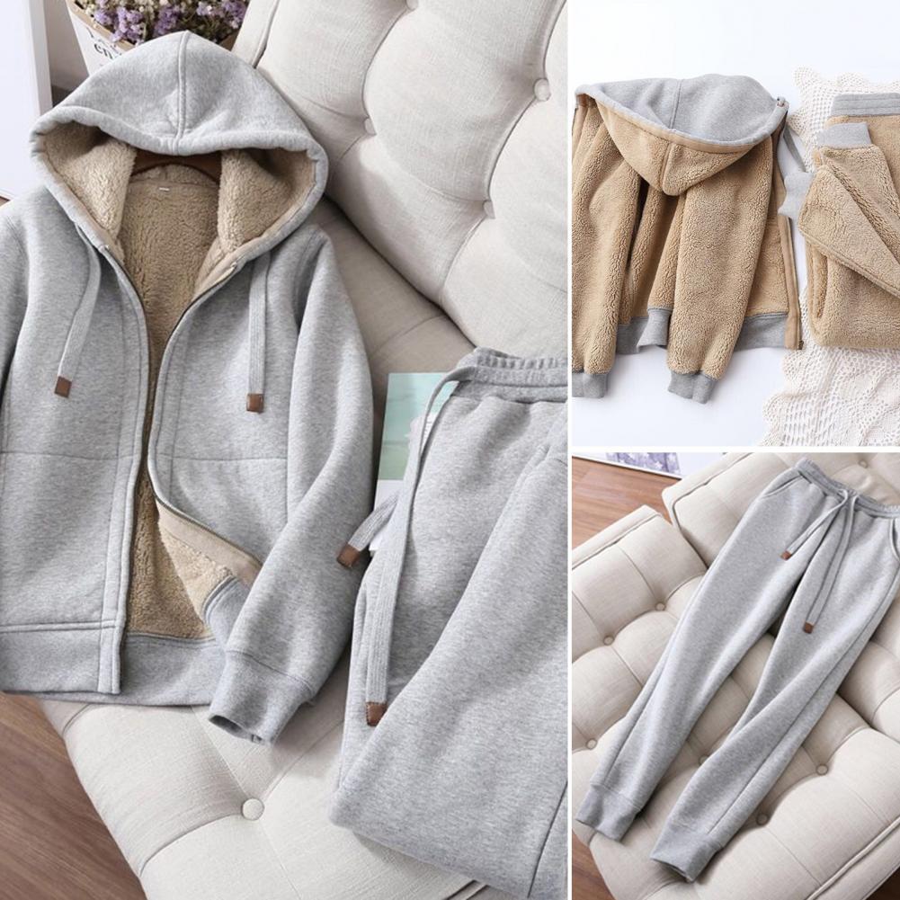Women's Sweatshirt Pants Suit Autumn and Winter Warm Long-sleeved Fleece Thick Hoodie Coat Jogger Pants Sportswear Two-piece Set.