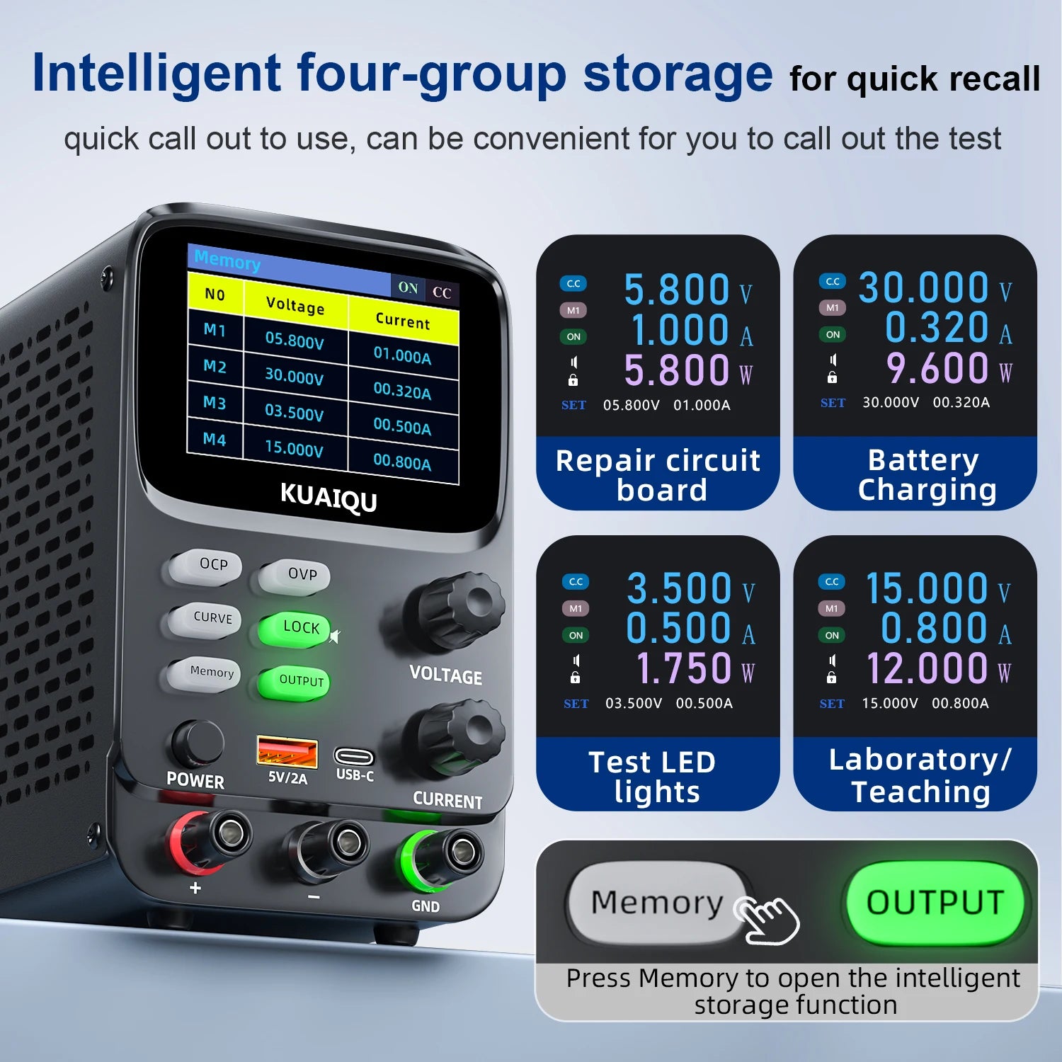 KUAIQU 5 Digits Programmable Adjustable Power Supply 30V 10A,Battery Simulation Tester,Real time Curve Display Voltage Current.
