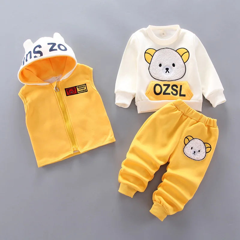 Baby Warm Clothes Sets Autumn Winter Boys Girl Thick Velvet Sport Suits Kids Clothes Outfits Infant Tops+Vest+Pants 3Pcs 0-4Y