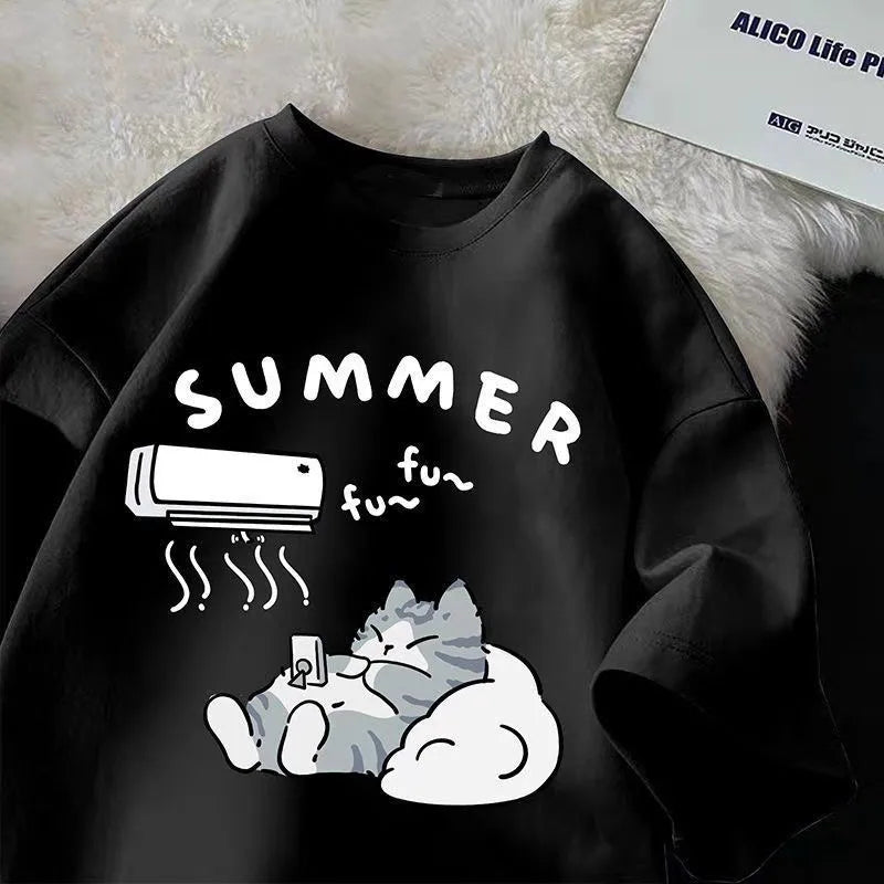 Summer Japanese Cartoon Cute Cat Fun Print Short Sleeve T-shirt Women's Loose Casual Half Sleeve Soft Bottom Plus Size Shirt Top.