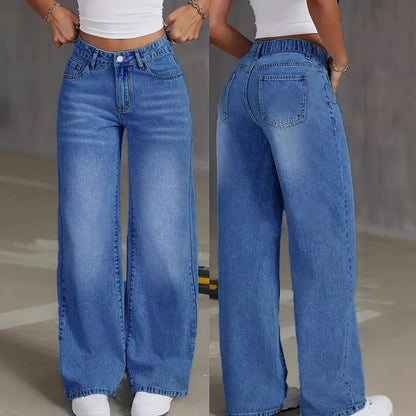 Denim Pant Women Mom Jeans Wide Leg Long Pants High Waist Straight Trousers Y2k Streetwear Elegant Splice Club Punk Casual.