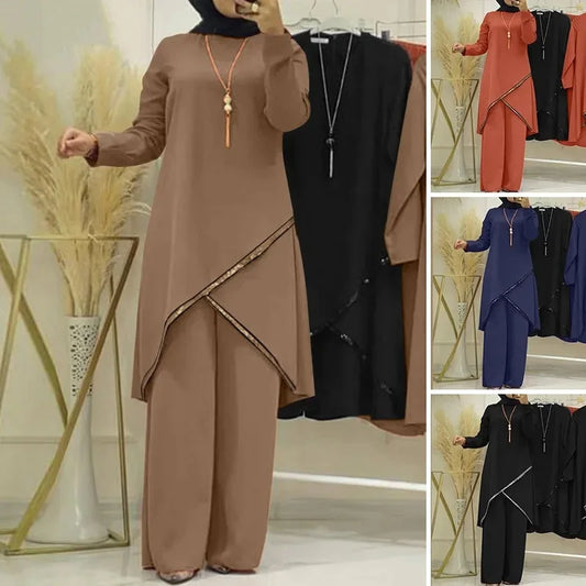 Women Eid Musulman Ensemble Muslim Sets Solid Blouses Wide Leg Pants Ramadan Morocco Two Pieces Dubai Kaftan Loose Modest.