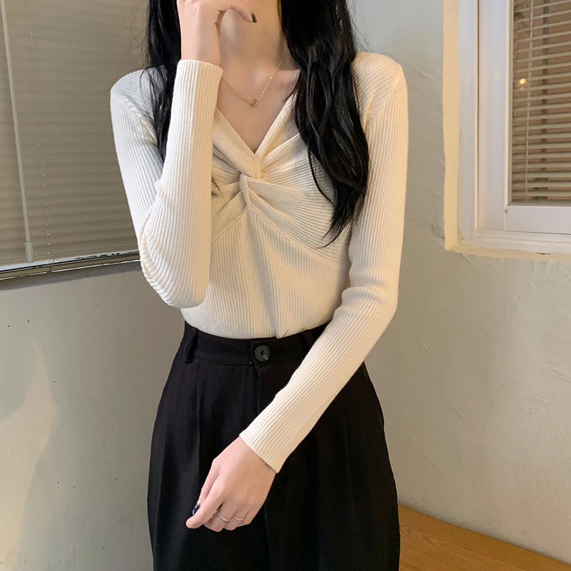 Herbst Winter Dünne Gestrickte Hemd Frauen Pullover Pullover Tops Weibliche Lange Hülse Elastische V-ausschnitt Dünne Pullover Stricken Shirts.