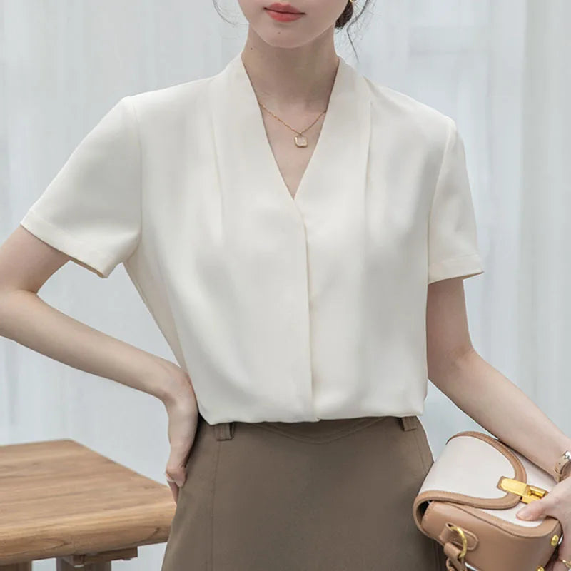 2025 Fashion Summer Short Sleeve V-Neck Women Blouse White Blouse Shirt Women Tops Blouses Shirts Blusas Para Mujer Camisas XL86.