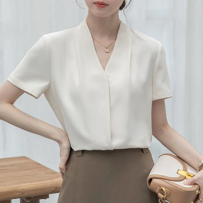 2025 Fashion Summer Short Sleeve V-Neck Women Blouse White Blouse Shirt Women Tops Blouses Shirts Blusas Para Mujer Camisas XL86.