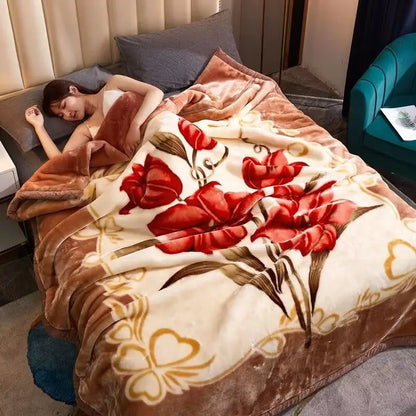 Red Rose Pattern Plush Blanket Upgraded Thickened Cold Resistant Quilt Multi Purpose Machine Wash Skin Friendly Bedding Sheet