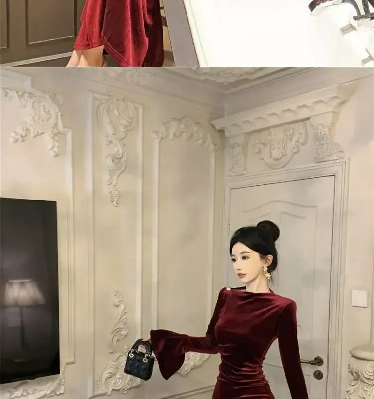 Internet Celebrity High-End-Samtkleid Leichtes, temperamentvolles, hoch tailliertes, schlankes, burgunderrotes Fischschwanzkleid