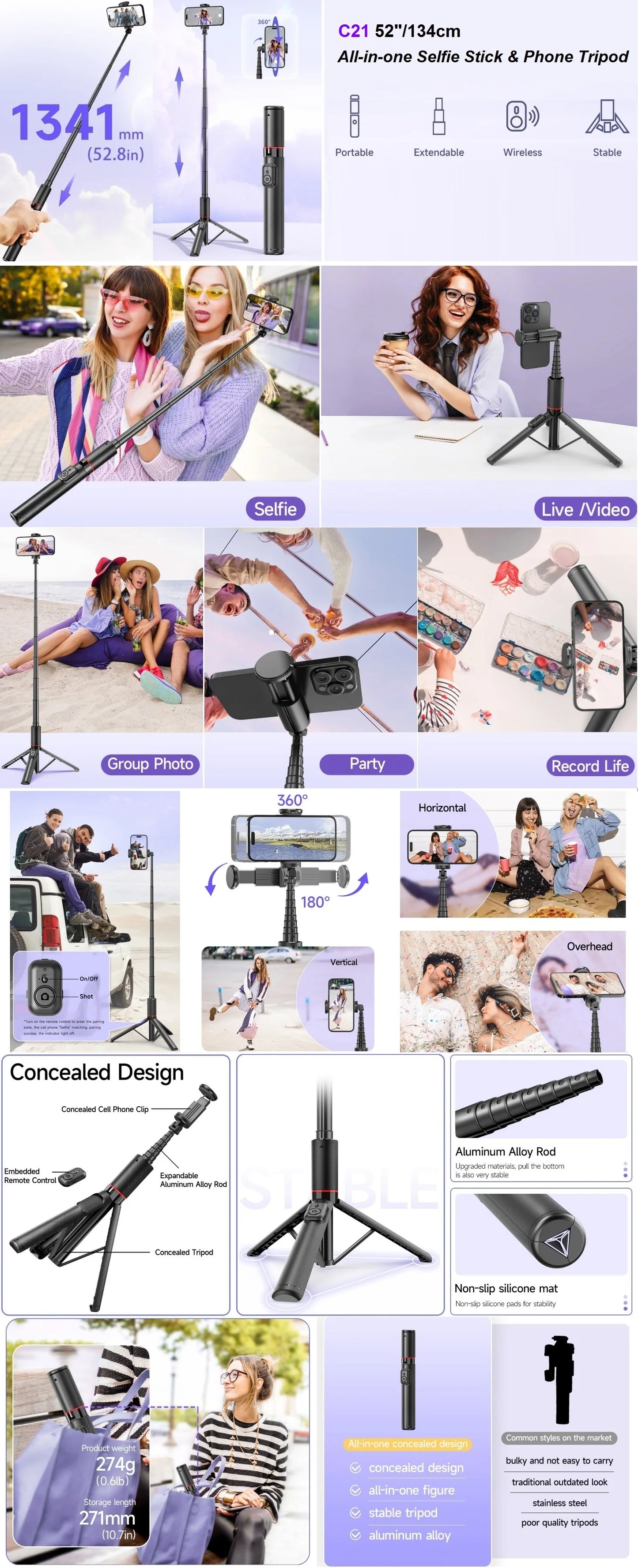 Selfie Stick for iPhone Phone 52" Wireless Selfie Stick Tripod Stand with Remote for Cellphone Video Recording Travel Vlog.