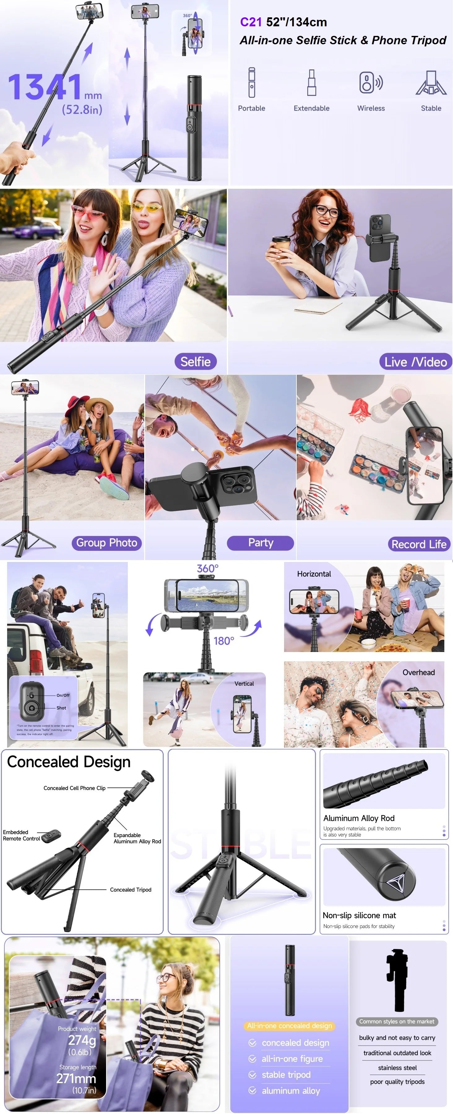 Selfie Stick for iPhone Phone 52" Wireless Selfie Stick Tripod Stand with Remote for Cellphone Video Recording Travel Vlog.