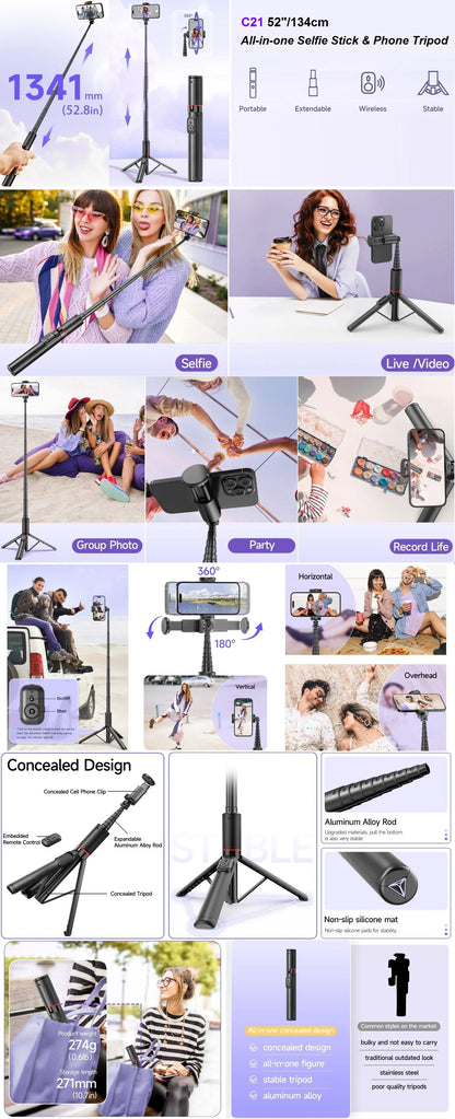 Selfie Stick for iPhone Phone 52" Wireless Selfie Stick Tripod Stand with Remote for Cellphone Video Recording Travel Vlog.