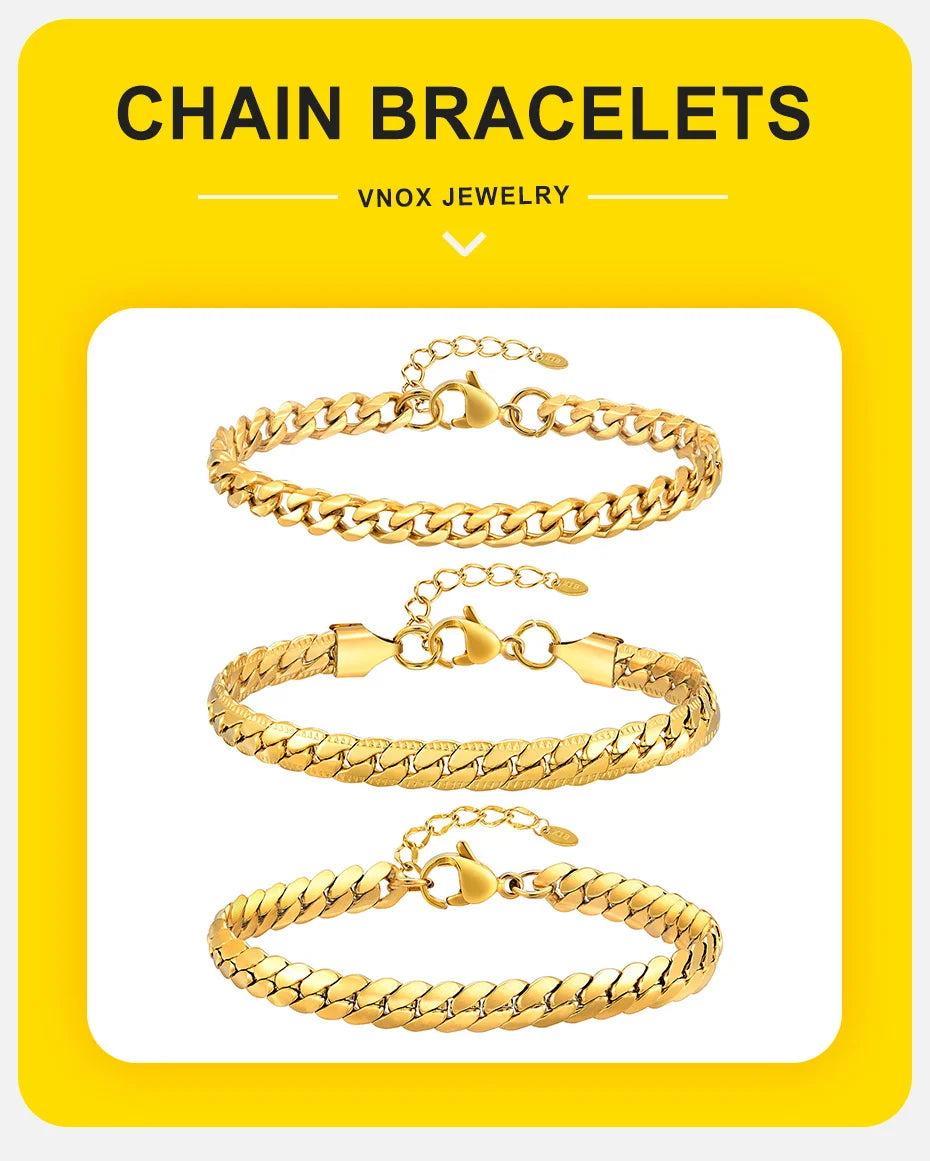 Vnox 6mm Flat Cuban Chain Bracelets for Women Girls, Macrame Edge Curb Links Bracelet,Gold Plated Stainless Steel with K18 Stamp.