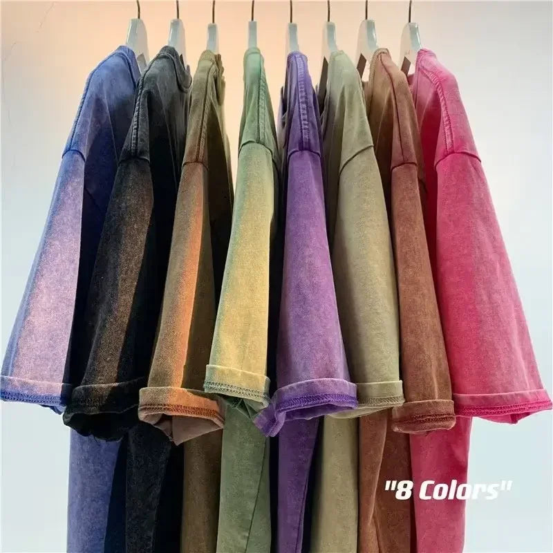 American Style Retro Heavyweight Solid Color Short Sleeved T-shirt Men Women Summer Street Trendy Washed Old Oversized Clothes.