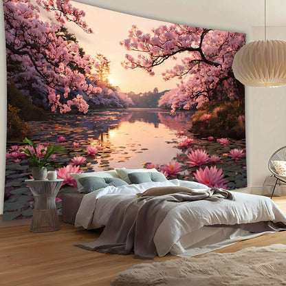 [Beautiful Landscape Tapestry] Extra Large Size - Beautiful Lotus and Cherry Blossom Lake Landscape Photo Tapestry | Polyester A.