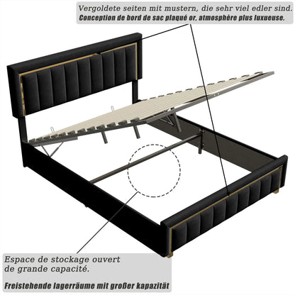 Lazyspace Elegantes Hydraulikbett, samtstoff gepolstertes Doppelbettgestell, mit Stauraum, Bettkasten, Kopfteil mit Lattenrost