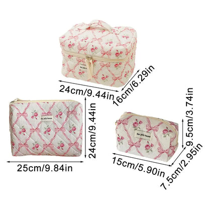 Cute Bow Flower Quilting Makeup Bag Women Zipper Cosmetic Organizer Female Cloth Handbag Portable Toiletry Case For Girls.