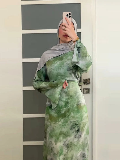 Middle East Women Fashion Dubai Abaya Türkiye Print Long Dress Modest Plain Prayer Ramadan Robe Femme Islam Clothing Kebaya.