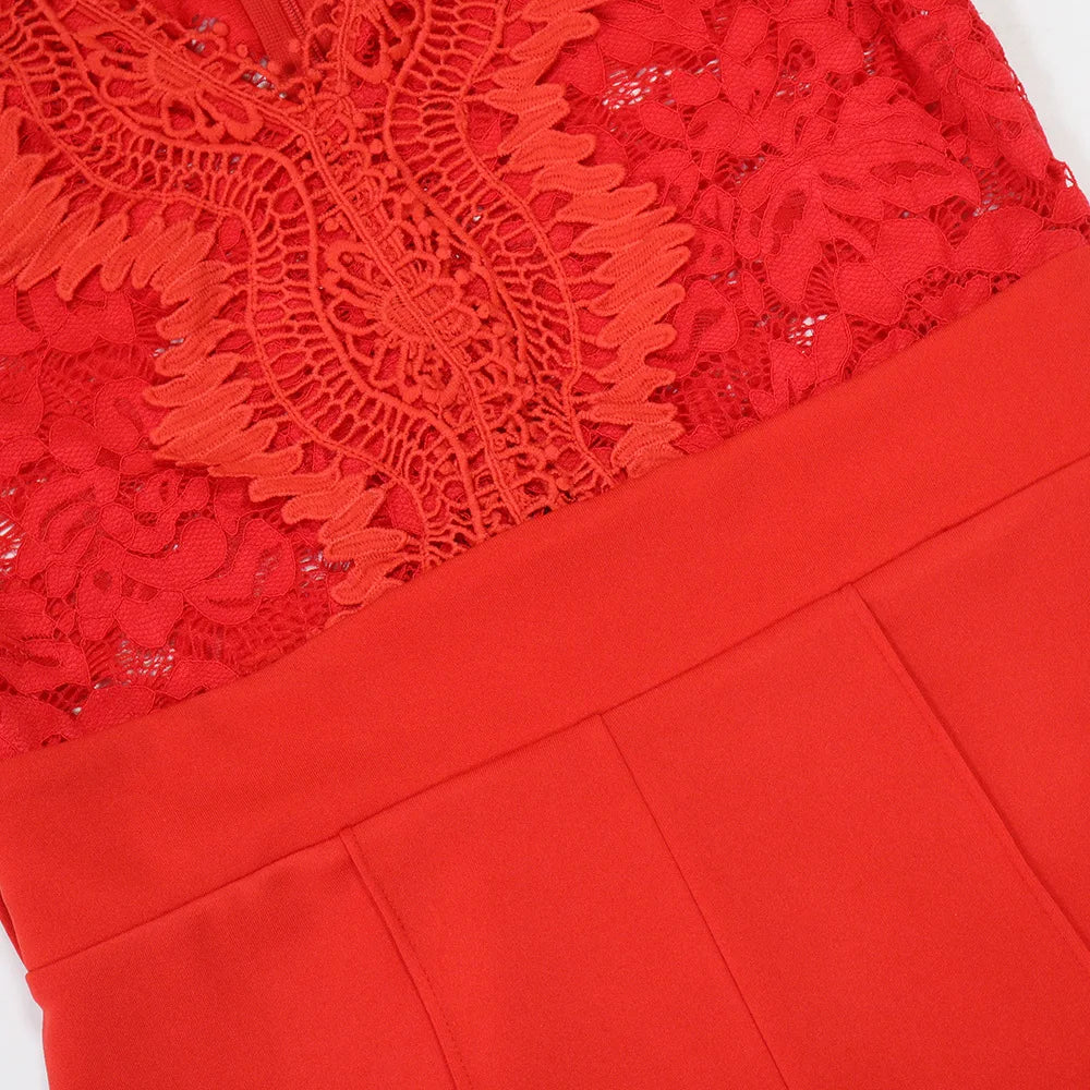 Women's Sexy Sleeveless Lace Patchwork Jumpsuits Solid Color Hollow Out Belted Wide Leg Rompers.