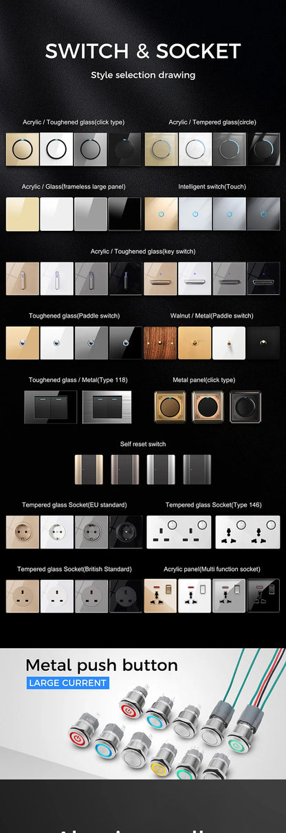 YINKA Schaltersteckdose, Aluminium, gebürstetes braunes Panel mit LED-Anzeige, EU-Steckdose, Schalttafel, elektrischer Lichtschalter, AC110–250 V, NET.