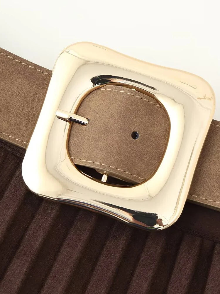 European and American style autumn new fashion trend casual simple women's matching belt suede effect pleated midi skirt.