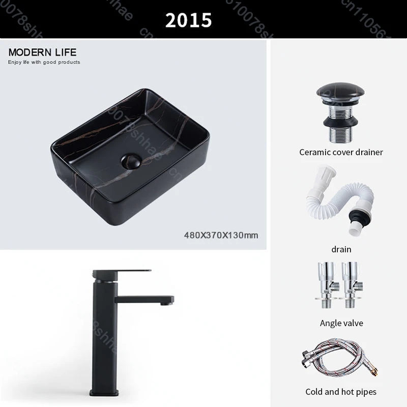 Luxuriöses Vintage-Keramikgefäßwaschbecken für Badezimmer, Waschtisch, Kunstbecken über der Theke, Waschbecken mit Abflusszubehör, Arbeitsplatte