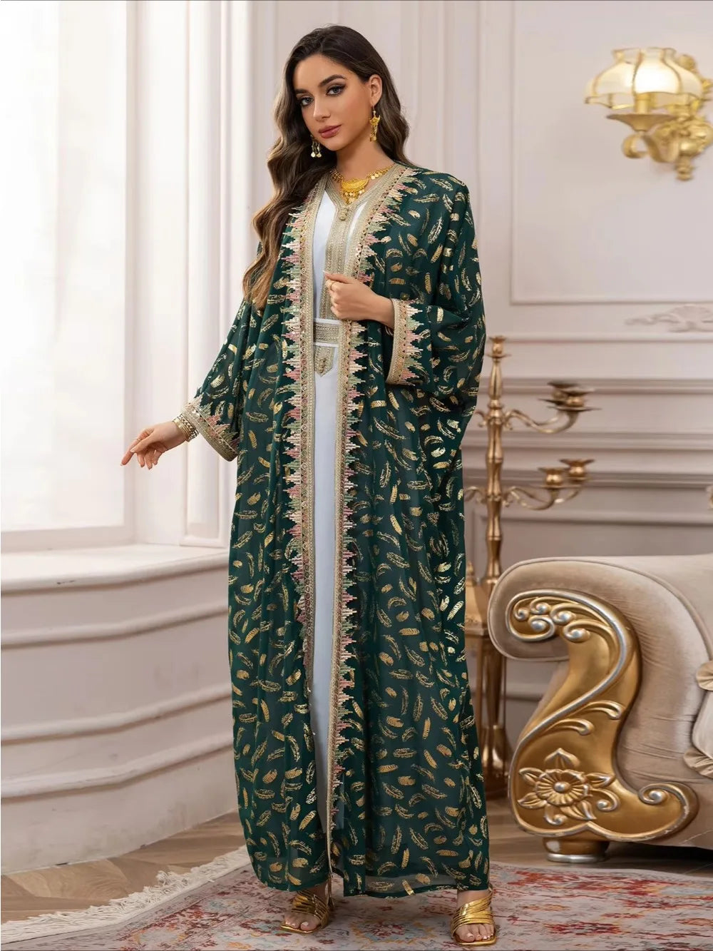 Muslim Abaya 3 Piece Set Women Party Dresses Cardigan Robe Sashes Suit Bronzing Jalabiya Ramadan Morocco Dubai Kaftan Vestidos.