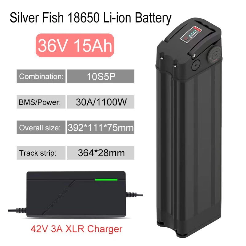 Silver Fish 36V/48V/52V/60V 10Ah 12Ah 15Ah 20A Lithium battery pack For 250W-1800W Folding E-two wheeler Handheld+3A XLR Charger