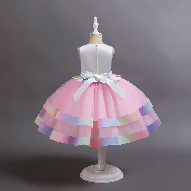 2023 Neues Regenbogen-Einhorn-Kleid für Mädchen, besticktes Tanzkleid, Halloween-Performance-Kleidung, Kinderkleidung, 3–10 Jahre alt.
