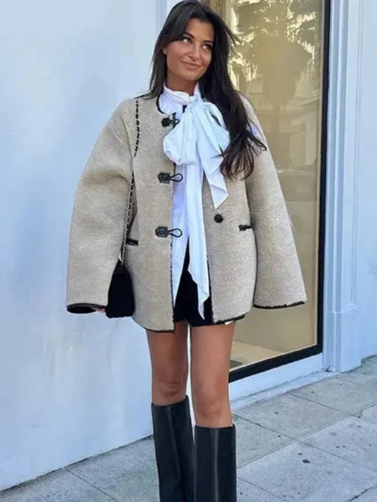 ZBZA Women's Faux Wool Jacket Loose Retro O-neck Single Breasted Long Sleeve Double Pocket Casual Overcoat Fall Winter Chic Coat.