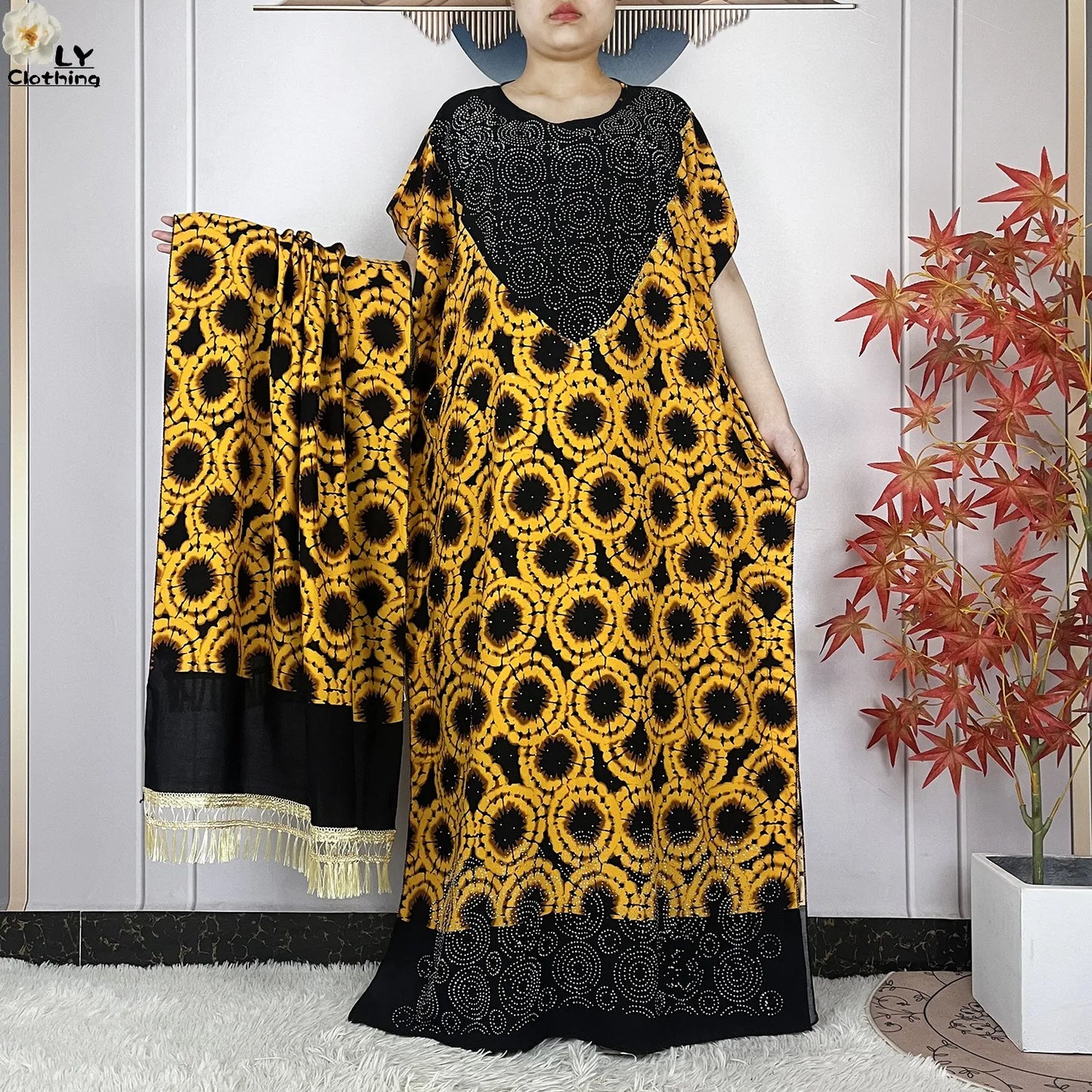 2024 New Muslim Women Dashiki Printed Dress Flower Diamonds Loose Dress With Big Scarf Islamic African Women Short Sleeve Abaya