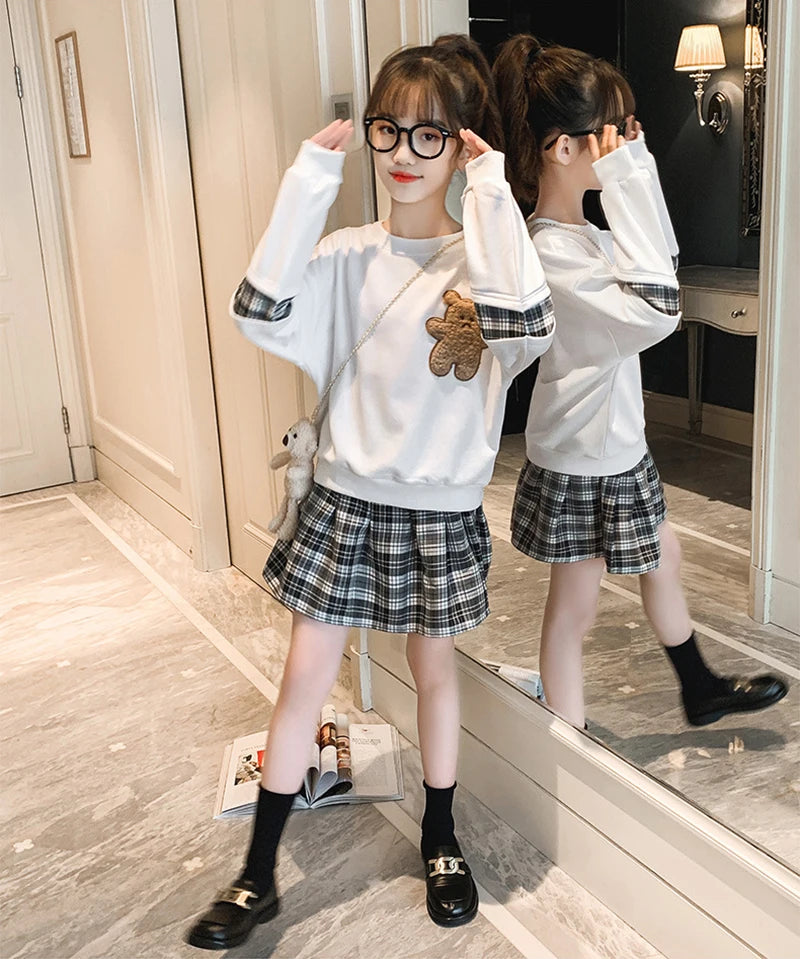 3-14 Years Teenager Girls Outfits Cute Bear Sweatshirt + Plaid Skirt 2Pcs Suit For Girls Birthday Present Children Clothing Sets.