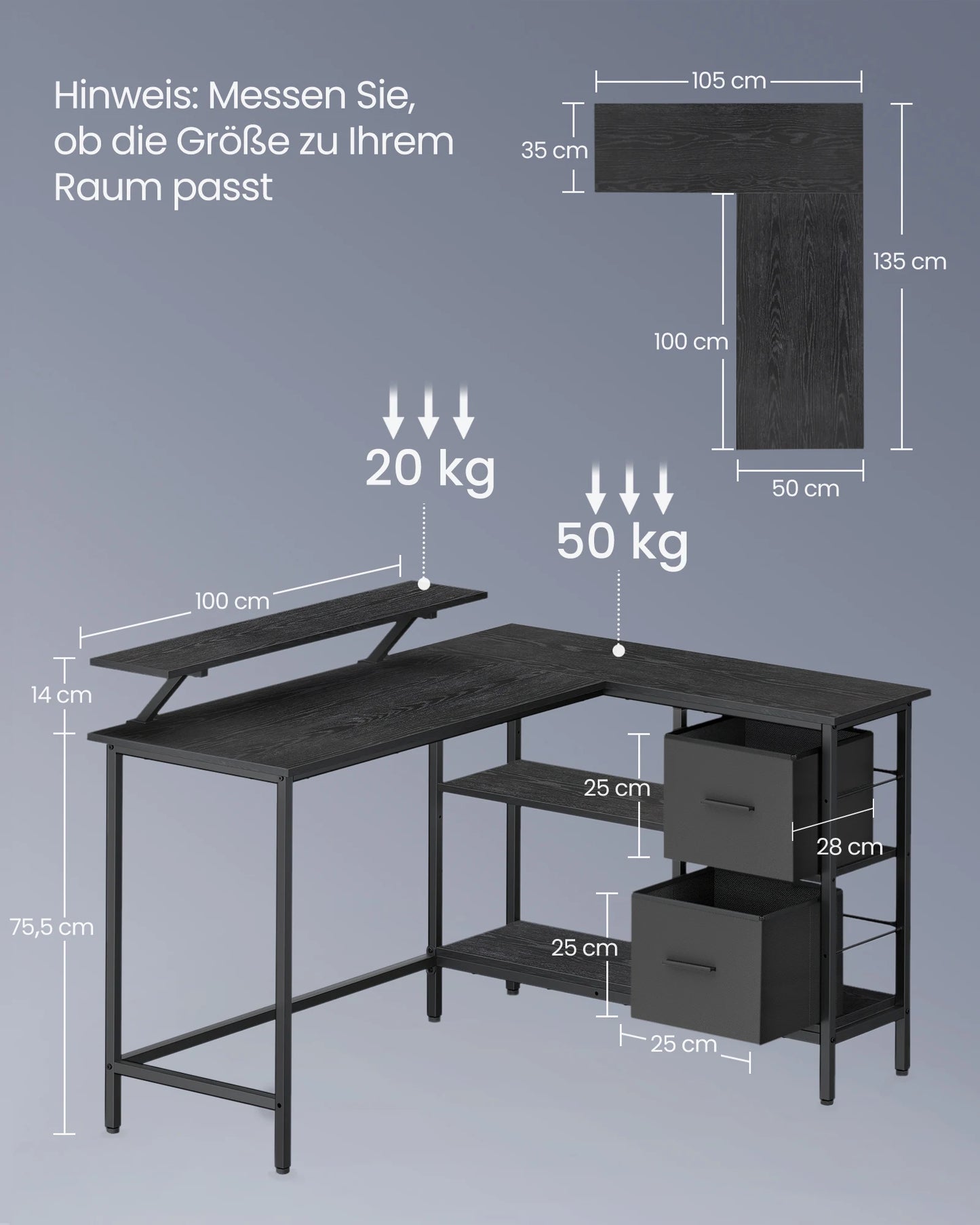 VASAGLE L-förmiger Schreibtisch, 2 geräumige Schubladen, Computertisch mit Monitorständer, Eckschreibtisch