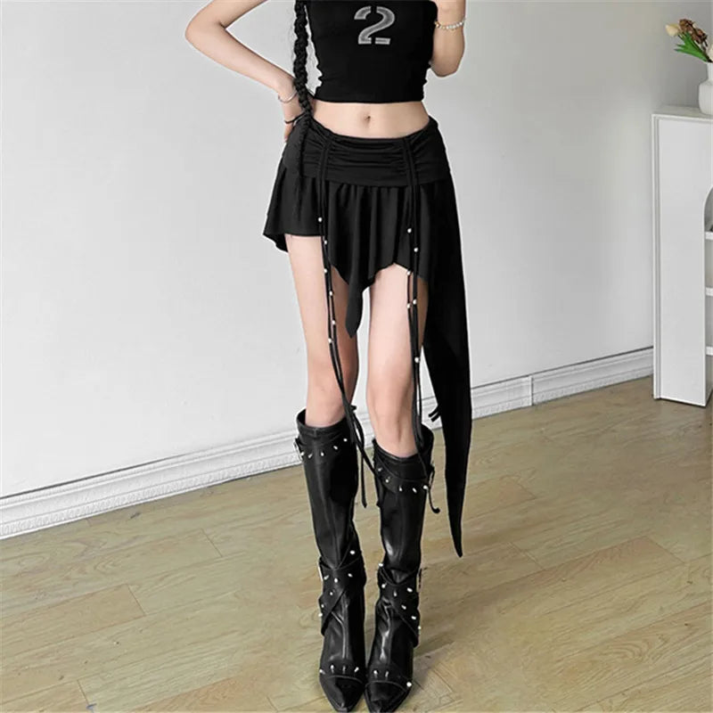 Goth Dark Mall Gothic Dropped Waist Drawstring Mini Skirt Punk Grunge Women Irregular Hem A-line Skirts Chic E-girl Techwear Y2K.