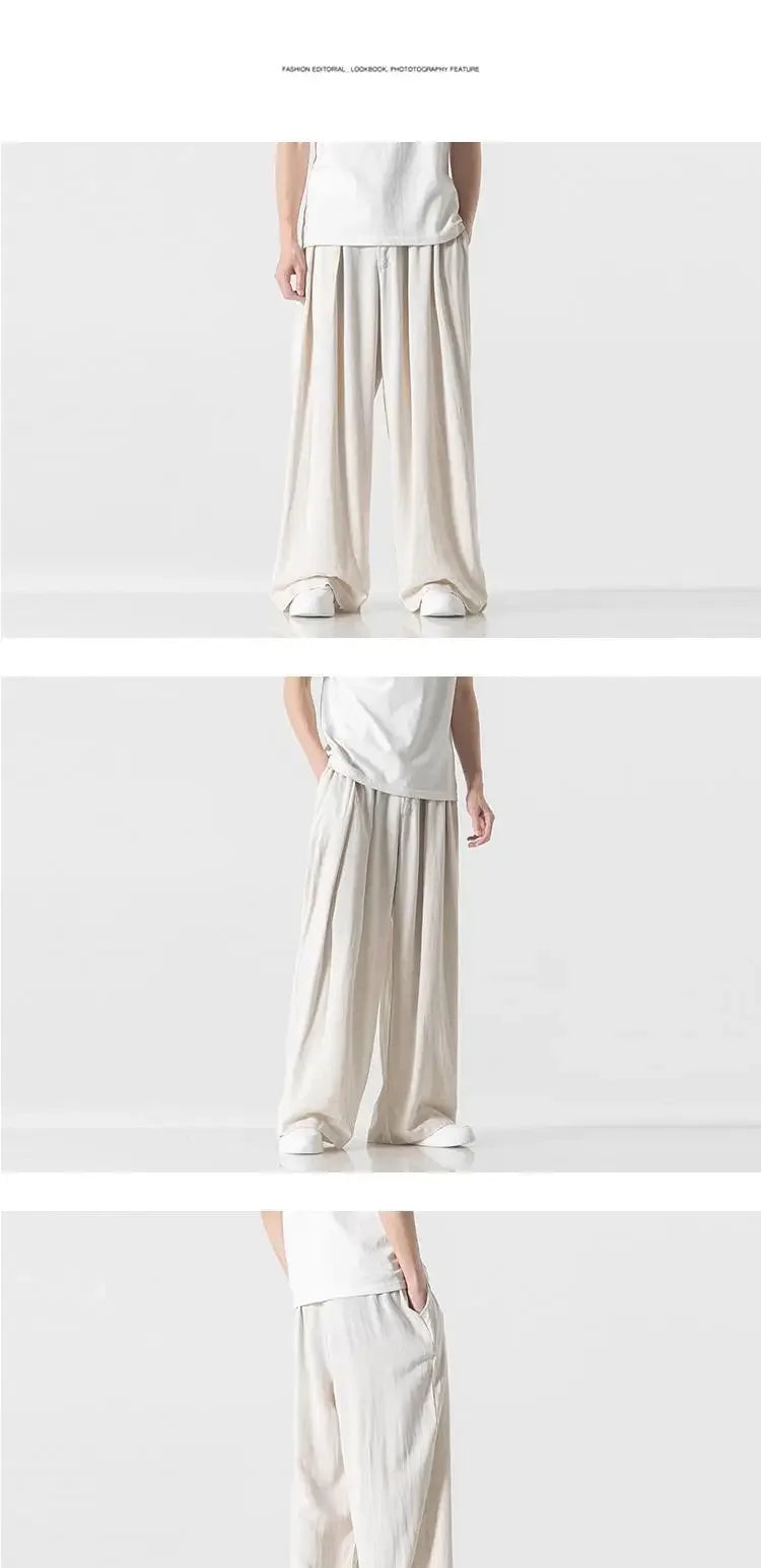 Hanfu Spirit Draped Linen Pants For Men Straight-leg Casual Trousers Chinese Style Loose-fit Ancient Wide-leg Song Trousers.