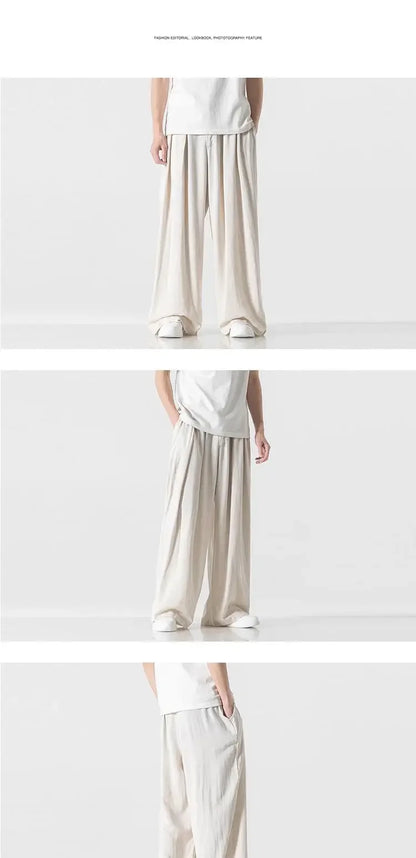 Hanfu Spirit Draped Linen Pants For Men Straight-leg Casual Trousers Chinese Style Loose-fit Ancient Wide-leg Song Trousers.
