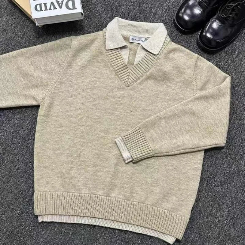 Retro fake two piece V-neck sweater men's winter lapel old money style knitted sweater top lazy style jacket.