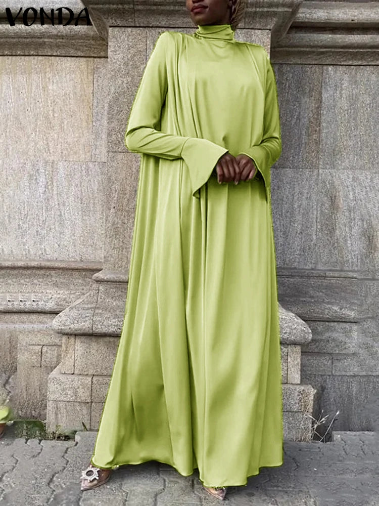 VONDA Frauen Böhmischen Lange Maxi Kleid 2024, Elegante Langarm Hohe Kragen Roben Casual Einfarbig Vestidos Vintage Sommerkleid.