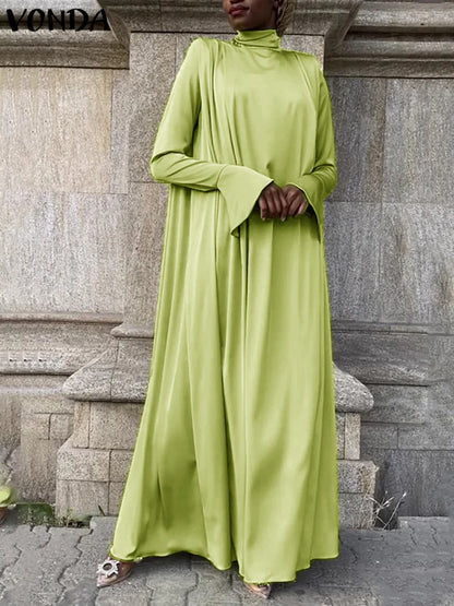 VONDA Frauen Böhmischen Lange Maxi Kleid 2024, Elegante Langarm Hohe Kragen Roben Casual Einfarbig Vestidos Vintage Sommerkleid.