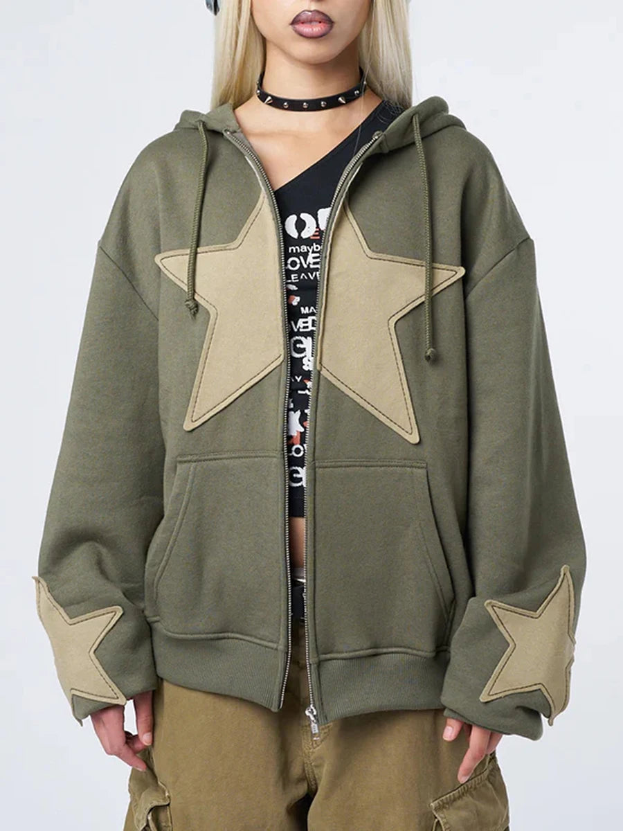 Y2K Vintage Star Print Hooded Hoodie for Women Casual Loose Long Sleeve Zip Up Drawstring Sweatshirts Autumn Spring Coat Street.